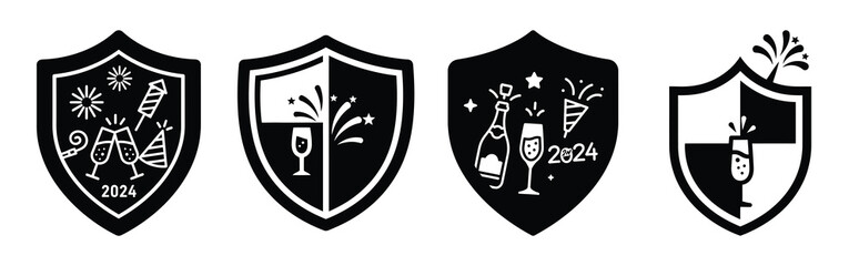 Fototapeta premium Illustration of the new year shield simple silhouette vector icon set. happy New Year 2026 vector icons collection.
