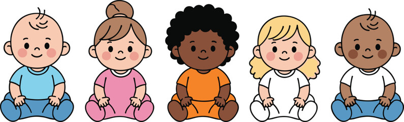 Cartoon baby character set with diverse hairstyles, outfits, and skin tones sitting in row, cute and colorful design