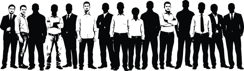 Black Silhouette and Detailed Men Standing in Line with Mixed Attire for Business, Fashion, and Vector Illustration Use