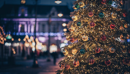 Obraz premium árbol de Navidad iluminado y decorado con esferas y lazos, situado en una calle festiva llena de luces brillantes y personas paseando al fondo.