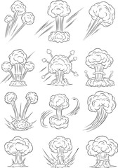 Cartoon explosion vector set with smoke clouds, shockwaves, debris and dynamic blast shapes in black and white comic style