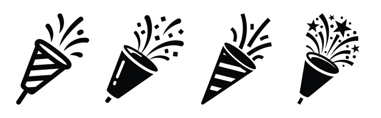 Illustration of the party popper simple silhouette vector icon set. happy New Year 2026 vector icons collection.