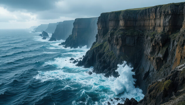 Ocean waves crashing against the rocky cliffs edge