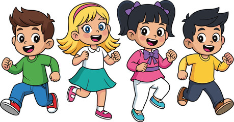 Happy cartoon children running together in colorful outfits, joyful expressions, and playful motion for educational, seasonal, and vector content use.
