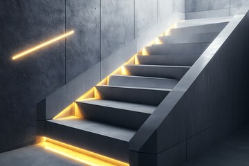 Concrete stairs with embedded LED lights, showcasing sharp geometry and a futuristic glow, set against a backdrop of smooth, minimalist interior design.
