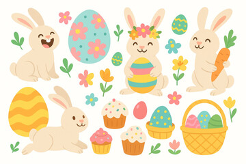Whimsical Easter vector illustrations including humorous bunny poses oversized patterned eggs flower crowns sweet treats and playful seasonal icons rounded shapes bright pastel palette high resolution