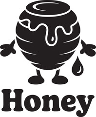 Honey pot character with dripping honey and a single drop falling, sweet food vector illustration