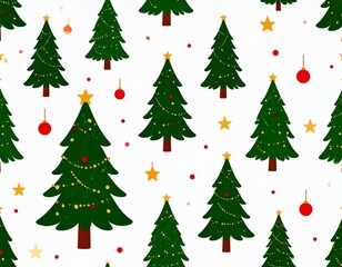 Obraz premium Seamless Christmas pattern with decorative Christmas trees, red baubles, golden swirls, and silver stars on a light background, festive holiday design perfect for wrapping paper, textiles, and seasona