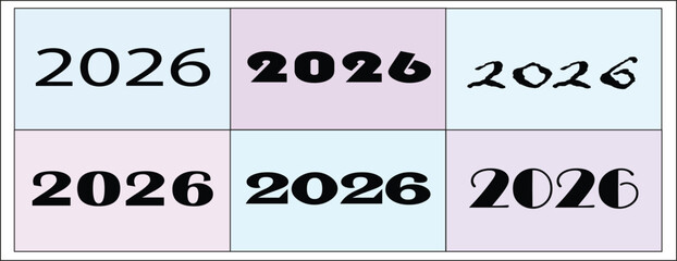 Minimal 2026 typography layout featuring diverse stylish fonts arranged in a clean geometric grid design, modern creative number art ideal for posters, branding and digital graphics