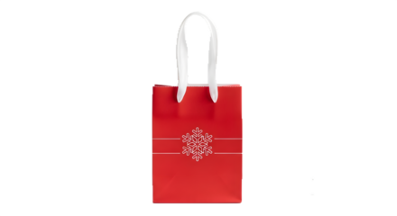 Red paper gift bag with white snowflake sits against black. Works as product mockup, promotion, and digital art.