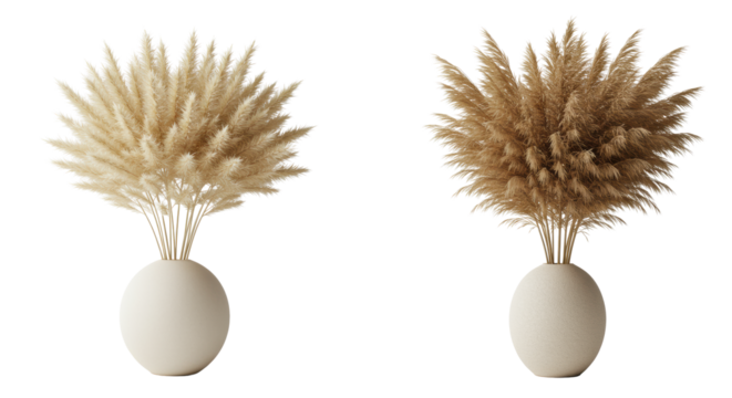 Two dried bouquets: light beige bunny tail in cream sphere vase, natural pampas in beige ovoid vase, transparent background, modern minimalist home decor concept