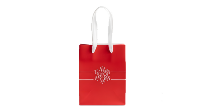 Red paper gift bag with white snowflake sits against black. Works as product mockup, promotion, and digital art.