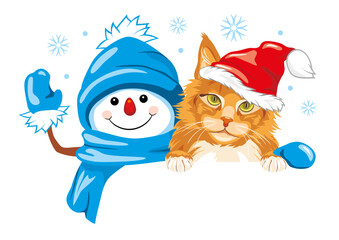 Peeking waving snowman and cute ginger cat. Festive design