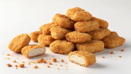 Golden crispy chicken nuggets stacked high, perfect for lunch, dinner, or a savory snack craving on a clean white background offering culinary delight