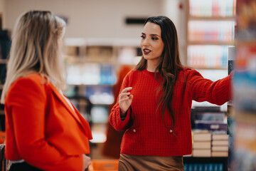 Two women stand in a bookstore, chatting with expressive gestures. One wears a bright red sweater as the other listens, surrounded by colorful shelves and stacks of books in a cozy setting.