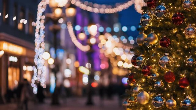 &aacute;rbol de Navidad iluminado y decorado con esferas y lazos, situado en una calle festiva llena de luces brillantes y personas paseando al fondo.