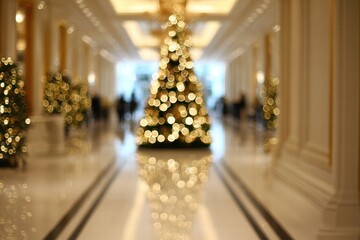 Blurred hotel interior creating soft festive mood with warm Christmas decor