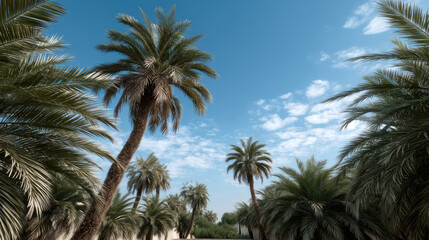 Tropical palm tree forest under blue sky with scattered clouds, lush green foliage, summer atmosphere, peaceful and vibrant nature scene