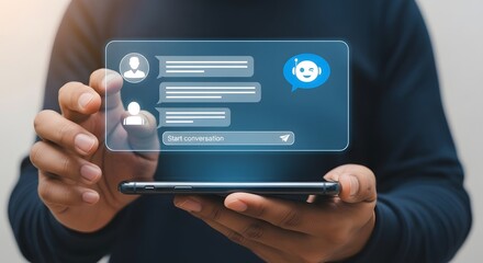 Person holding a smartphone with a chat interface and robot icon overlayed on the screen display app