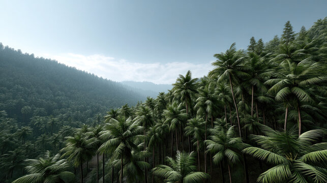 Dense palm forest tropical landscape green palm trees lush foliage natural beauty serene misty morning hillside tranquil nature