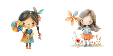 cute girl holding pinwheel watercolor vector illustration