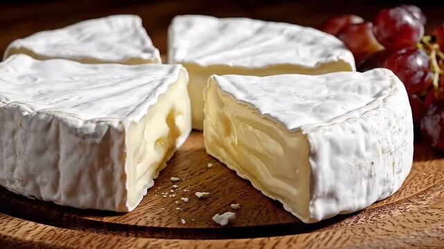 Delicious Camembert Cheese Wheel with a Slice Cut Out on a Wooden Board.