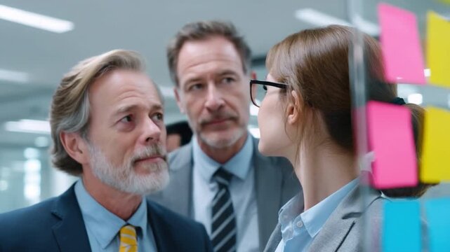 Group of professionals collaborating in a modern office environment with sticky notes on glass wall during a brainstorming session 4k video footage