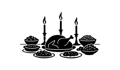 Table with festive dishes and candles black silhouette with plate and flame line details holiday feast scene