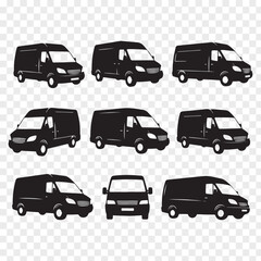 Obraz premium Set of Black Delivery Van Silhouette Vectors on a Transparent Background