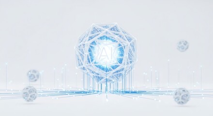 Abstract 3d geometric shape with AI text glowing in center surrounded by sphere like data points. Artificial intelligence concept, machine learning.