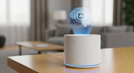 White smart home assistant with an artificial intelligence brain hologram on a wooden table. Smart living technology concept for modern life.