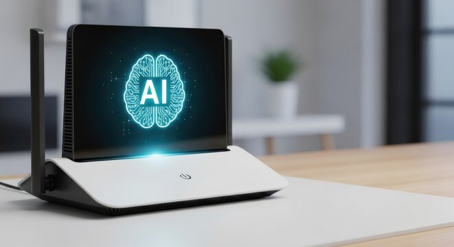 Router with artificial intelligence (ai) brain icon on screen, symbolizing smart home network control and machine learning technology