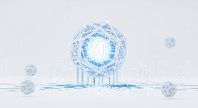 Abstract 3d geometric shape with AI text glowing in center surrounded by sphere like data points. Artificial intelligence concept, machine learning. - Powered by Adobe