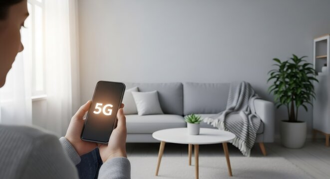 Woman holding smartphone with 5g symbol. Caucasian female connectivity with high speed internet network. Wireless technology for modern living.