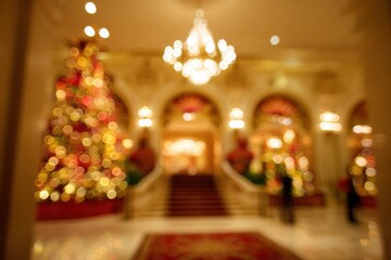 Blurred hotel interior creating soft festive mood with warm Christmas decor