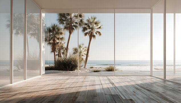 Scenic view of an empty contemporary room with large floor to ceiling glass windows overlooking a peaceful tropical ocean vista and natural wood flooring