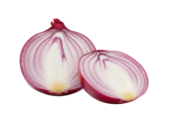 A perfectly halved vibrant red onion, showing deep purple and bright white concentric layers, fresh and crisp, isolated on a transparent background with copy space, clean food photography concept