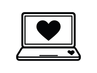 Laptop with heart sticker black silhouette with screen and logo lines virtual love visual