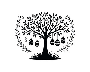 Obraz premium Spring tree with hanging eggs black silhouette with branch and decor line accents garden celebration symbol