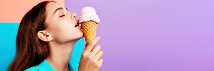 Young woman enjoying ice cream cone with colorful pastel background