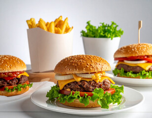 Delicious fast food spread featuring fresh burgers, hot fries, and vibrant greens ready to enjoy at your gathering