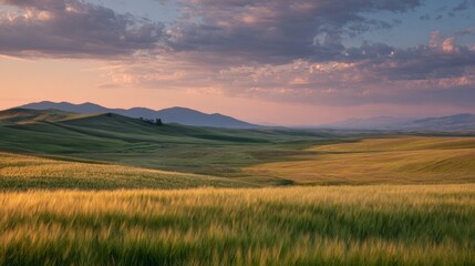Serene Landscape of Rolling Green Hills Under Soft Clouds at Dusk with Mountains in the Background and Gentle Breeze Rustling the Wheat Fields