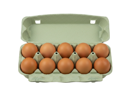 Fresh Brown Eggs in Green Egg Carton, Isolated on Transparent Background