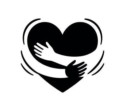 Hugging arms around heart black silhouette with embrace and curve lines unconditional love symbol
