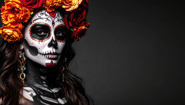 Woman with intricate Day of Dead face paint and vibrant floral headpiece gazes confidently against dark background. Her colorful earrings add to festive and artistic expression