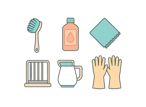 Flat vector teaware cleaning: soft brush descaler bottle microfiber cloth drying rack gloves pastel palette clean outlines minimal centered isolated on white no logos