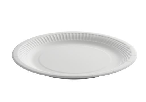 An empty, perfectly round white paper plate with a subtle, finely ridged rim, angled to showcase depth, isolated on a pristine transparent background with copy space, soft shadow, concept of simple