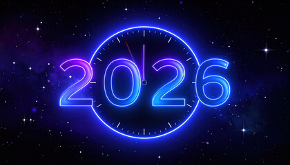 Glowing neon clock with year 2026 in vibrant colors set against starry night sky, symbolizing passage of time and futuristic themes