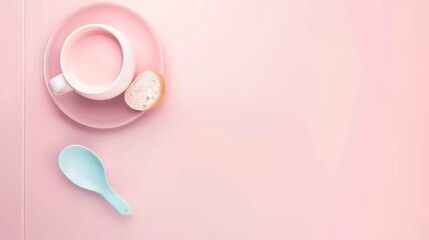 Pastel Pink Baby Bath Set with Cup Sponge and Spoon on Soft Pink Background