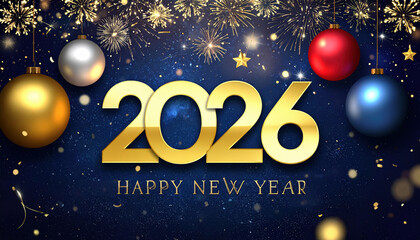 Naklejka premium Festive New Year 2026 celebration with golden numbers, colorful ornaments, and fireworks on starry night background. Joyful and vibrant atmosphere
